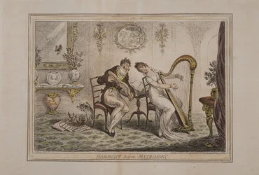 Harmony before Matrimony, udgivet af Hannah Humphrey, 1805 (håndfarvet radering)
