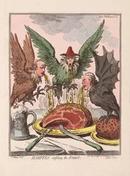 Harpyes, der besmitter festen, pub. 1799 (håndfarvet gravering)