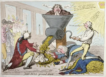 John Bull Ground Down, udgivet af Hannah Humphrey i 1795 (håndfarvet radering)
