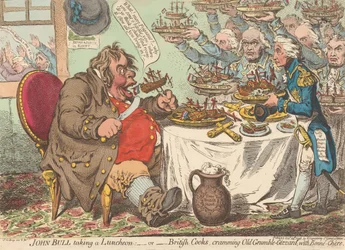 John Bull spiser frokost - eller - Britiske kokke propper den gamle Brokke-Mave med god mad (fra: Caricature, bd. 1)