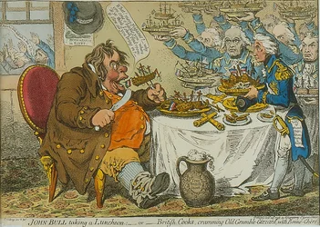 John Bull Taging a Luncheon, 1798 (farvet radering)