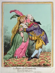 Le Baiser a la Wirtembourg, udgivet af Hannah Humphrey i 1797 (håndkoloreret radering)