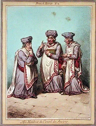 Les Membres du Conseil des Anciens, planche 2 fra "French Habits", udgivet af Hannah Humphrey i 1798 (farvet radering)