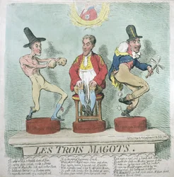 Les Trois Magots, udgivet af Hannah Humphrey i 1791 (håndfarvet radering)