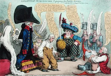 Lilliputian-Substitutes, Equipping for Public Service, udgivet af Hannah Humphrey i 1801 (håndfarvet radering)