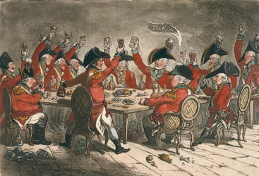 Loyal Souls, or A Peep into the Mess Room at St. James, udgivet af Hannah Humphrey i 1797 (håndfarvet radering)