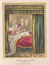 Matins and D-wn-ng College, Cambridge, pub. 1810 (håndfarvet gravering)