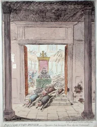 Parlamentarisk reform eller oppositionsrotter, der forlader huset, de havde undermineret, udgivet af Hannah Humphrey i 1797 (håndfarvet radering)