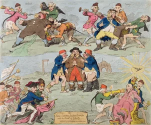 Sans-Culottes Feeding Europe with the Bread of Liberty, udgivet af Hannah Humphrey i 1793 (håndfarvet radering)