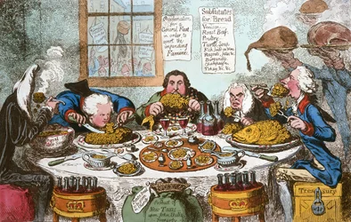 Substitutes for Bread, or Right Honourables Saving the Loaves  Dividing the Fishes, udgivet af Hannah Humphrey i 1795 (håndkoloreret radering)