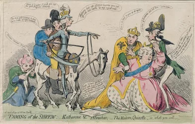 Taming of the Shrew: Katherine und Petruchio, eller The Modern Quixote, udgivet af S.W. Fores i 1791 (håndkoloreret radering)