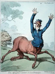 The Affrighted Centaur and the Lion Britanique, udgivet af Hannah Humphrey i 1799 (håndkoloreret radering)