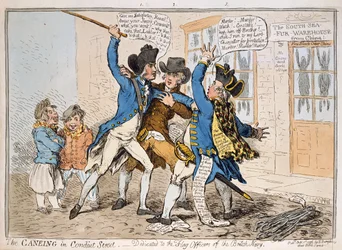 The Caneing in Conduit Street, udgivet af Hannah Humphrey, 1796 (håndfarvet radering)