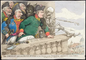The Corsican and his Blood Hounds at the Window of the Tuileries, Looking over Paris, udgivet af Hannah Humphrey i 1815 (håndfarvet radering)