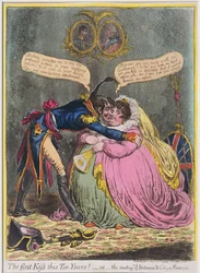 Det første kys i ti år! eller Mødet mellem Britannia og borger François, udgivet af Hannah Humphrey i 1803