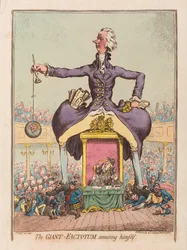 The Giant Factotum underholder sig selv, pub. 1797 (håndfarvet gravering)