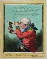 Kongen af Brobdingnag og Gulliver, udgivet af Hannah Humphrey i 1803 (håndfarvet radering)