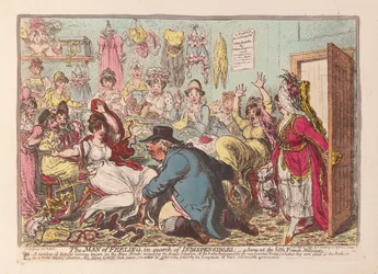 Følelsens mand på jagt efter uundværlige ting; en scene på den lille franske Milliners, pub. 1800 (håndfarvet gravering)