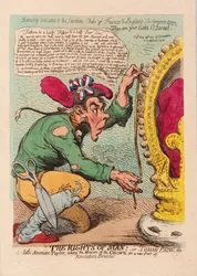 The Rights of Man, eller Tomm Paine, den lille amerikaner Taylor, der tager højde for kronen for et nyt par revolutions-ridebukser, pub. 1791 (håndfarvet gravering)