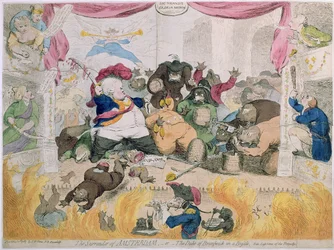 The Surrender of Amsterdam, or The Duke of Brunswick (1771-1815) in a Bustle, udgivet af S.W. Fores i 1787 (håndkoloreret radering)