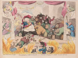 Overgivelsen af Amsterdam eller hertugen af Brunswick i en travl pub. 1787 (håndfarvet gravering)