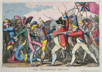 The Triumphant Britons, udgivet af Hannah Humphrey i 1780 (håndfarvet radering)