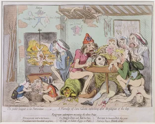 Un Petit Souper a la Parisienne, or A Family of Sans-Culottes Refreshing after the Fatigues of the Day, udgivet af Hannah Humphrey i 1792 (håndkoloreret radering)