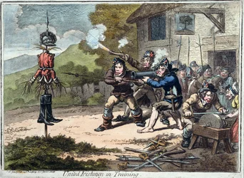 United Irishmen in Training, udgivet af Hannah Humphrey, 1798 (akvatint)