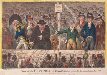 Udsigt over Hustings i Covent Garden - Westminster-valget november 1806, pub. 1806 (håndfarvet gravering)