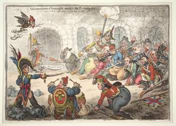 Westminster-værnepligtige under uddannelsesloven, 1806 (håndkoloreret gravering)