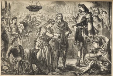 Vortigern (Gwrtheyrn) (5. århundrede), bretonernes konge, og Rowena - Rowena, Hengists datter, tilbyder vin til Vortigern, britonernes stammekonge - Vortigern, konge af Britannien, forelsket i Rowena ved festen hos Hengist, den saksiske general - gravure