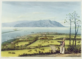 Kingston og Port Royal fra Windsor Farm, fra "A Pictureseque Tour of the Island of Jamaica", graveret af Thomas Sutherland, 1825