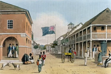 Udsigt over Harbour Street, Kingston, Jamaica, fra "A Picturesque Tour of the Island of Jamaica", indgraveret af Thomas Sutherland