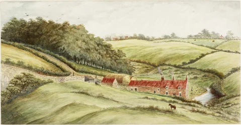 Hedworth Farm (akvarel, kropsfarve og blyant på papir)