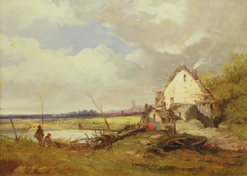 Lystfiskere ved et sommerhus på en flodbred