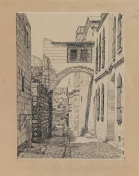 En del af den gamle bue kaldet Ecce Homo, illustration fra Vor Herre Jesu Kristi liv (blæk og grafit på pap)