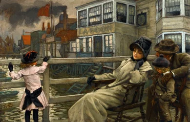 Akademisk kunst: Venter på færgen af Tissot, James Jacques Joseph (1836-1902). Olie på træ, 22,5x32,5. Privat samling
