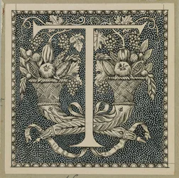Stort bogstav T, illustration fra Vor Herre Jesu Kristi liv (blæk på papir)