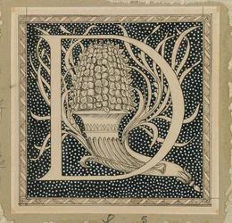 Stort bogstav D, illustration fra Vor Herre Jesu Kristi liv (blæk på papir)