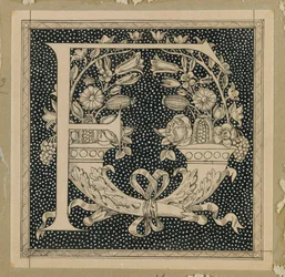 Stort bogstav F, illustration fra Vor Herre Jesu Kristi liv (blæk på papir)