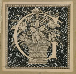 Stort bogstav G, illustration fra Vor Herre Jesu Kristi liv (blæk på papir)