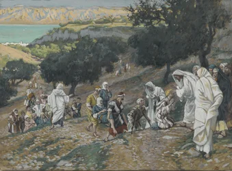 Jesus helbreder blinde og lamme på bjerget, illustration fra Vor Herre Jesu Kristi liv (wc over grafit på papir)