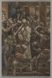 Mishandlinger i Kajfas-huset, illustration fra Vor Herre Jesu Kristi liv, 1886-94 (wc over grafit på papir)