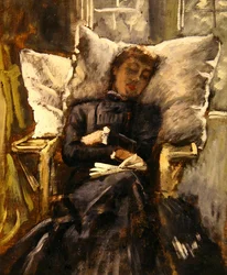 Mrs Newton i en konservatoriestol, ca. 1871 (olie på lærred)