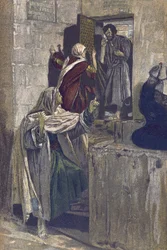 The First Denial of Saint Peter - The First Denial of Saint Peter - fra "" The Life of Our Lord Jesus Christ"" - 1899 af James Tissot - La vie de notre seigneur Jesus Christ, af Jacques Joseph (Jacques Joseph) Tissot dit James Tissot (1836-1902)