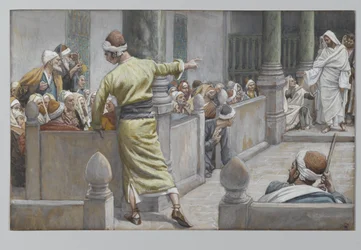 Den helbredte blinde mand fortæller sin historie til jøderne, illustration fra Vor Herre Jesu Kristi liv, 1886-96 (wc over grafit på papir)