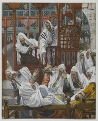 Den besatte mand i synagogen, illustration fra Vor Herre Jesu Kristi liv (wc over grafit på papir)