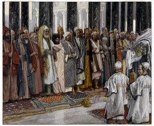 The Testing of the Holy Virgins bejlere, illustration til The life of Christ, ca. 1886-94 (ugennemsigtigt wc over grafit på gråt vævet papir)