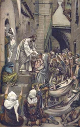 Hele byen var samlet ved døren - Hele byen blev samlet ved døren - fra "" The Life of Our Lord Jesus Christ"" - 1899 af James Tissot - Og hele byen var samlet ved dens dør - Mark 1: 33 - Vor Herre Jesu Kristi liv, af