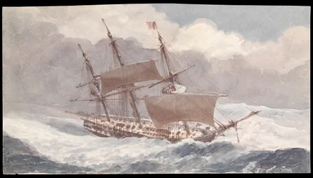 Barham ud for den sydlige ende af Sardinien på vej til England med viceadmiral Sir Pulteney Malcolm, midten af det 19. århundrede (akvarel)